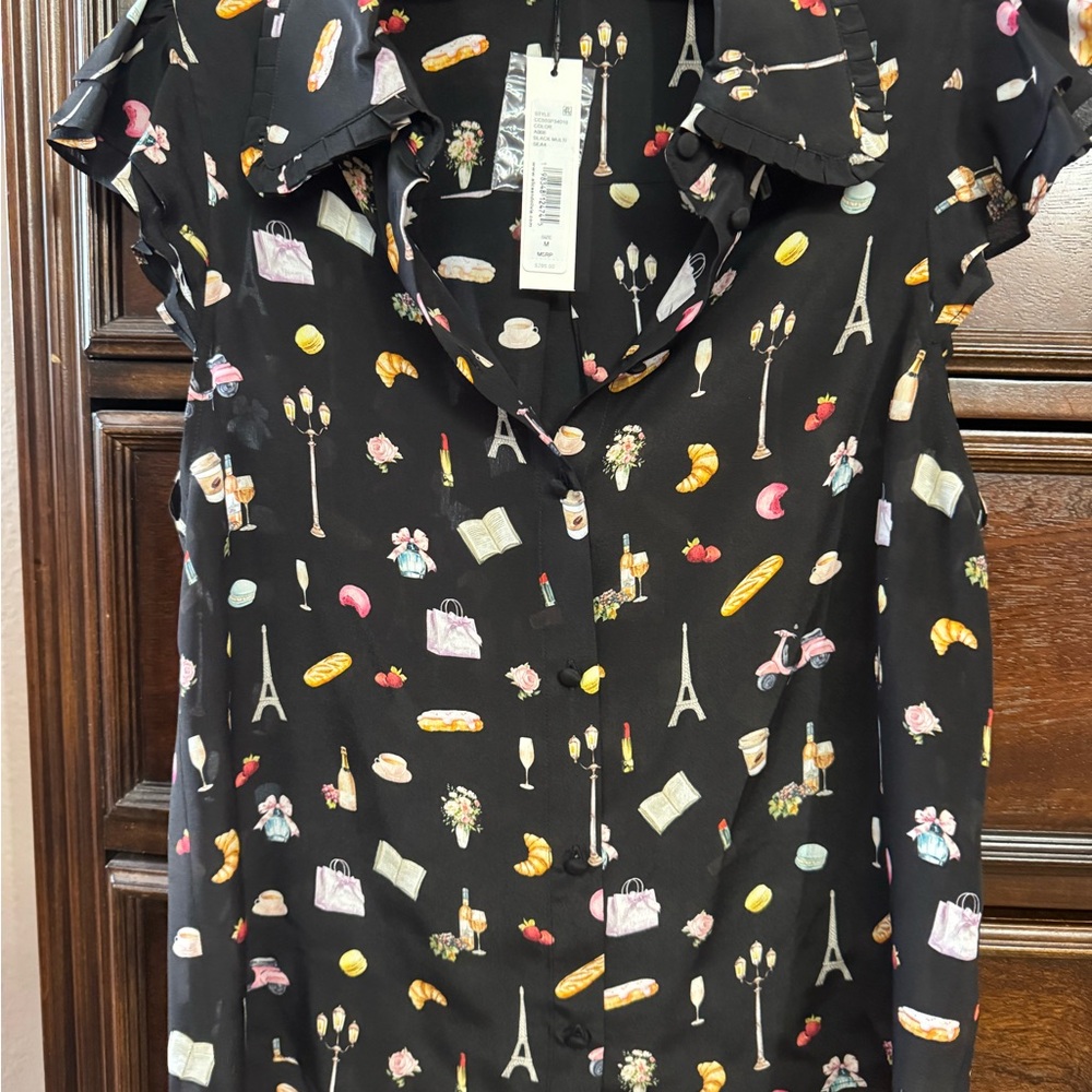 Alice + Olivia Black Parisian Print Blouse